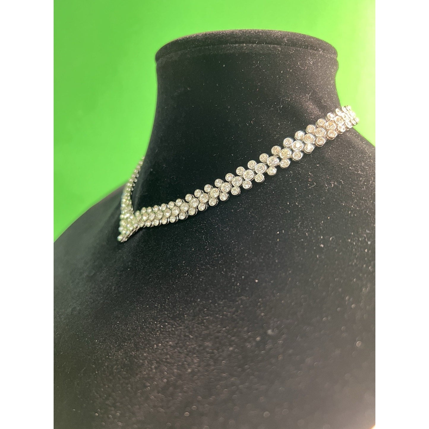 Bezel Set Rhinestone Collar Necklace Triple Layer V Drop 15” Long w/4” Extender