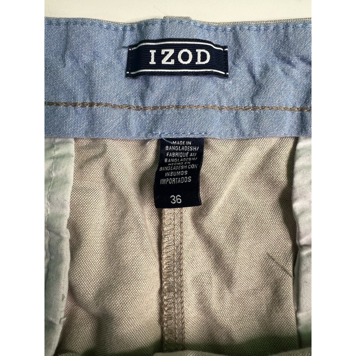 IZOD Men’s 100% Cotton Shorts Size 36 Waist 9” Inseam Classic Khaki Color