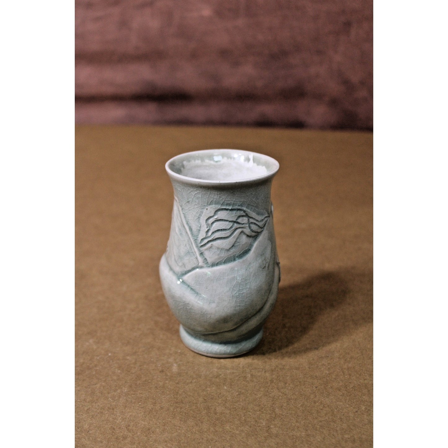 Vintage 5-inch Celadon Vase with Raised Relief Abstract Design, Unmarked