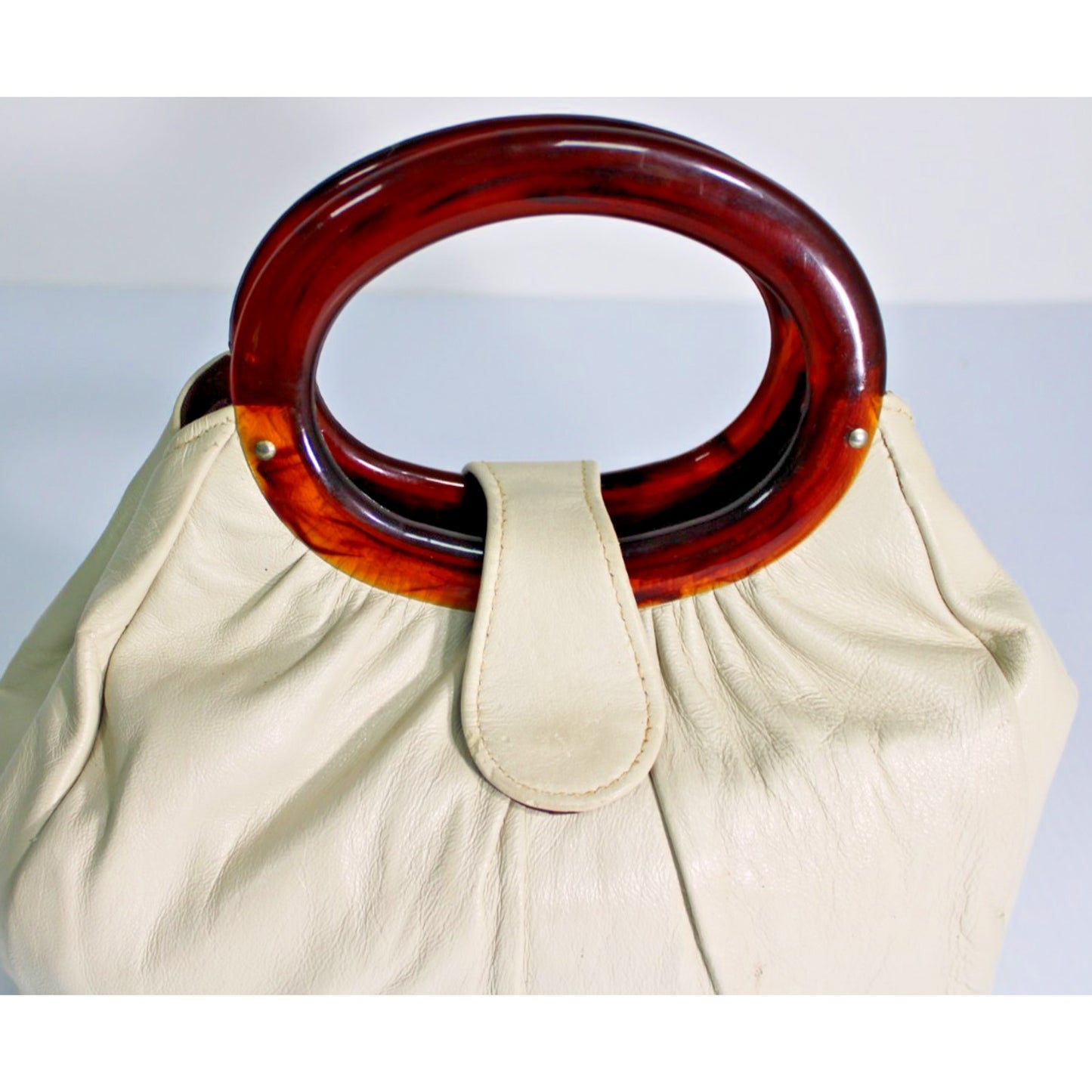 Vintage Andé Cream Slouchy Genuine Leather Handbag Lucite Tortoiseshell Handles
