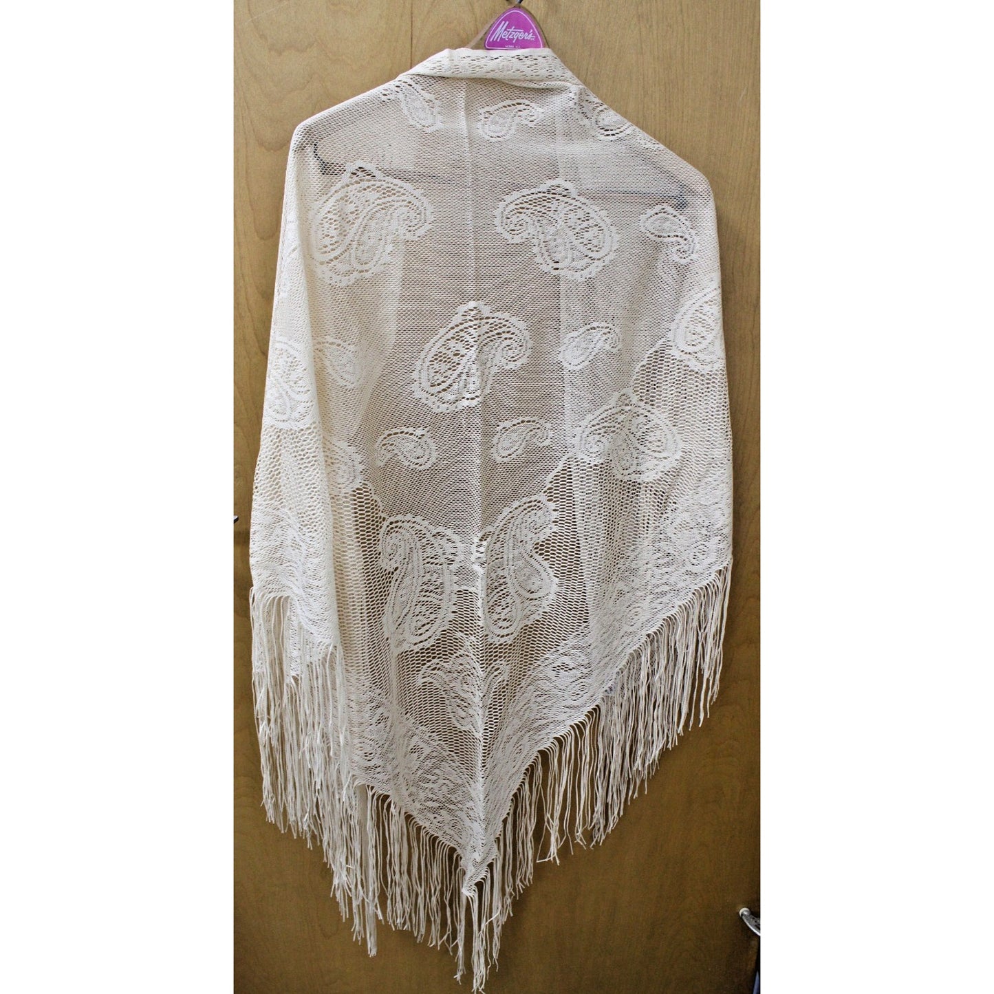 Vintage Fringed 78" Triangle Shawl/ Scarf Cream Woven Paisley by English Village