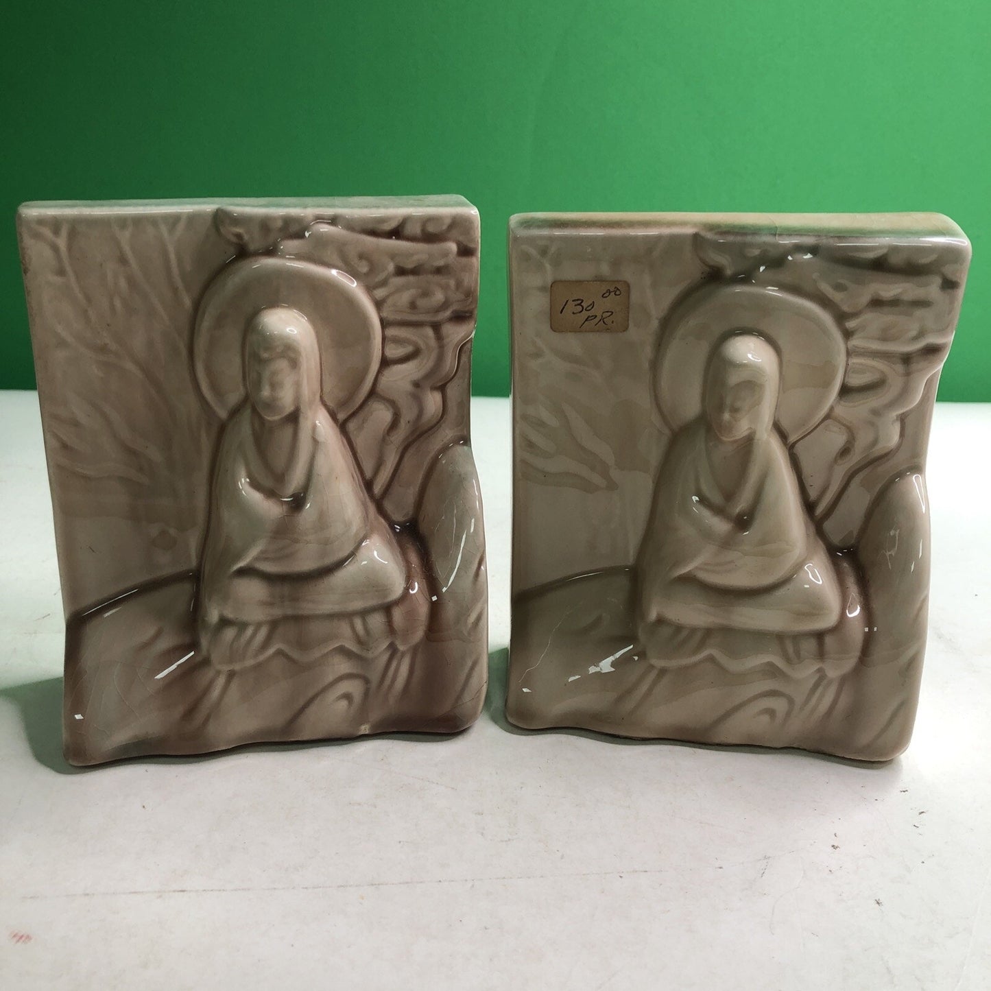 Vintage Art Pottery Bookends USA Asian Buddah Chinese Design