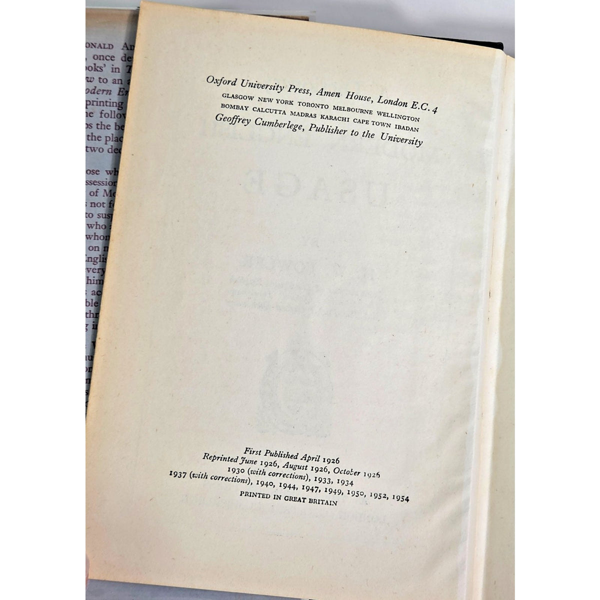 Vintage 1954 H.W. Fowler Modern English Usage Oxford Clarendon Press Dust Jacket