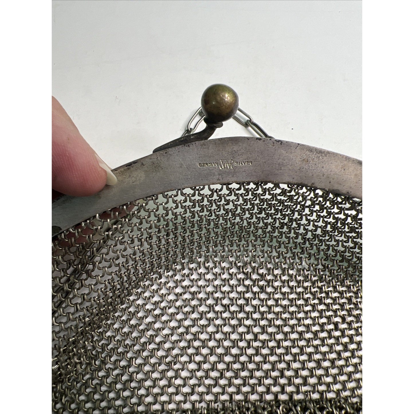 Rare Antique German Silver Chain Mesh Purse Handbag Kiss Closure Marked