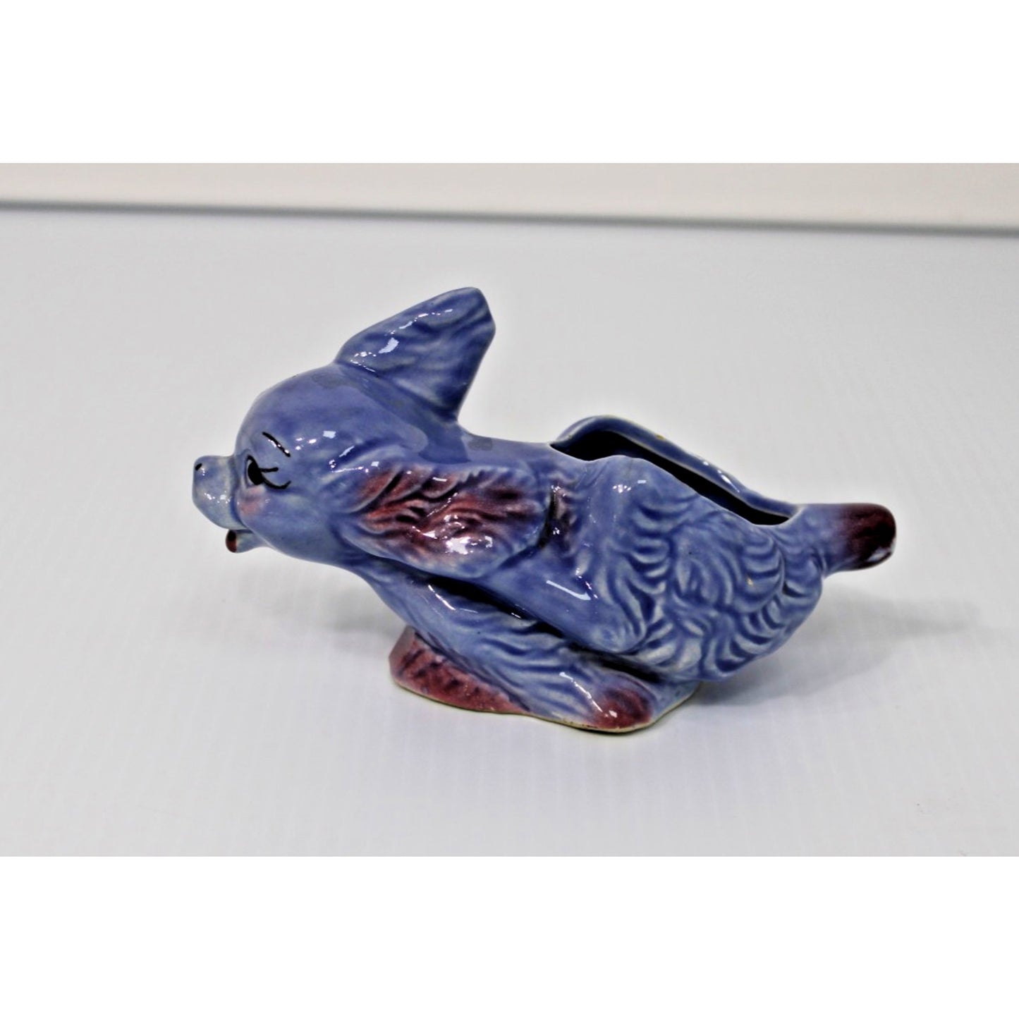 Vintage Shawnee Pottery Small Running Puppy Planter, Blue Dog, Kitschy!