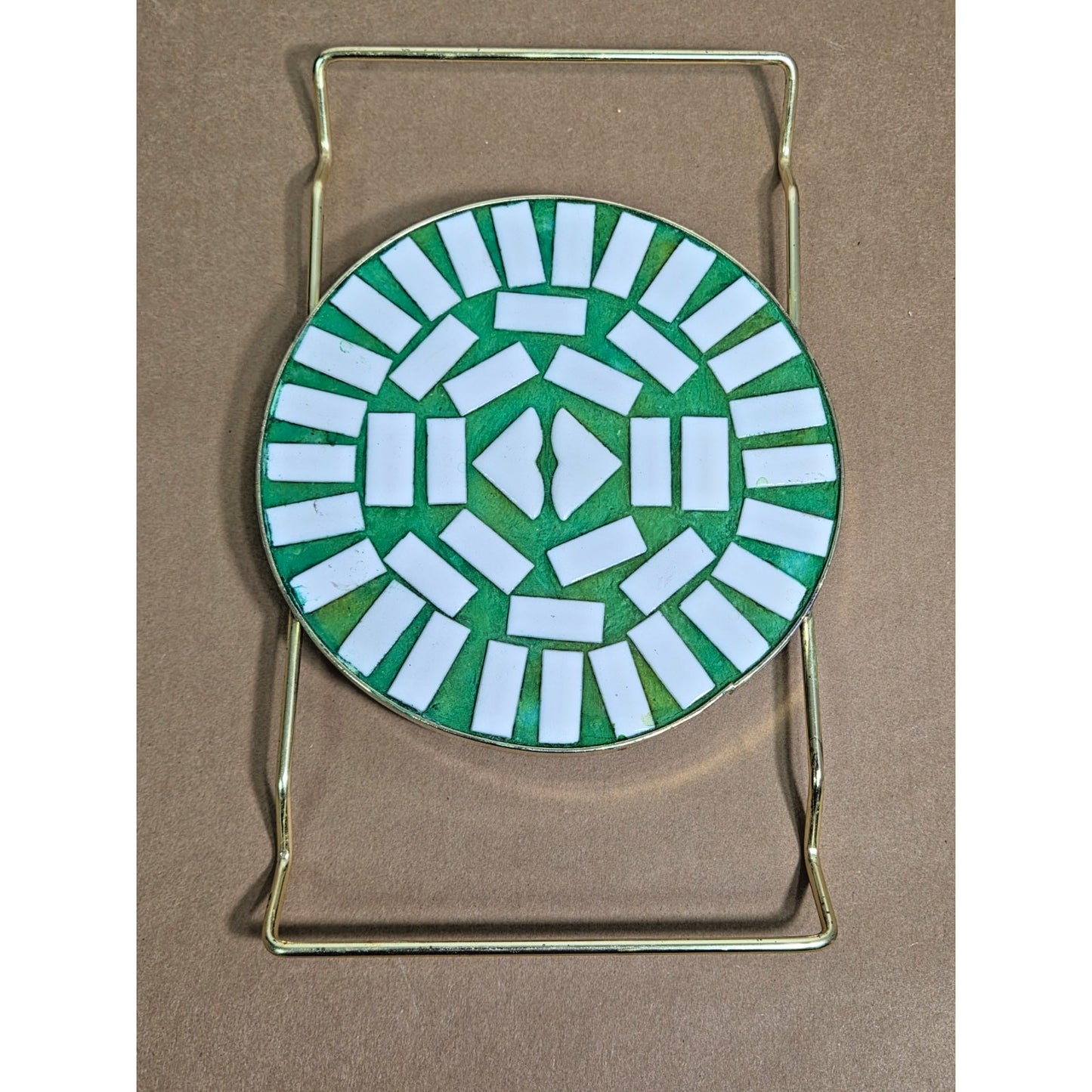 Vintage Mid-Century Modern Mosaic Tile Trivet | Emerald Green & Gold MCM