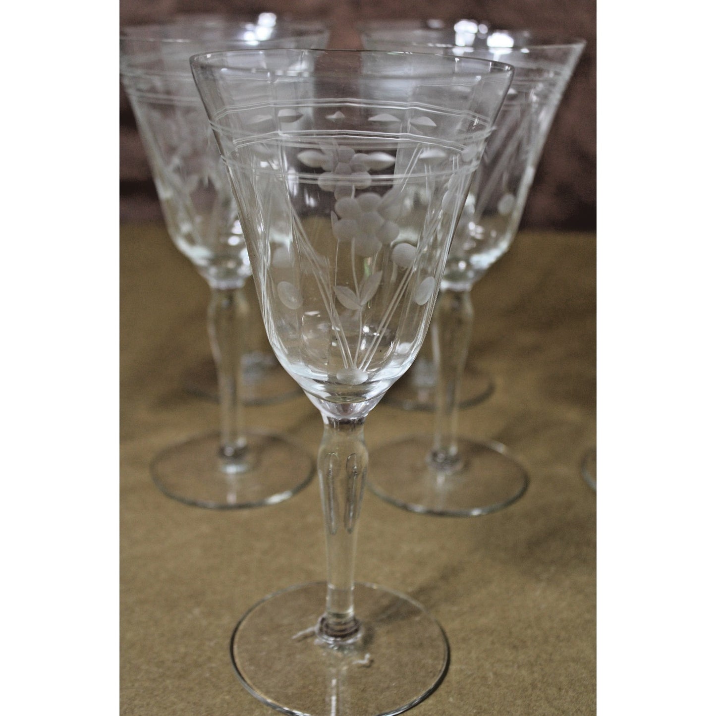 Set of 7 Tiffin Crystal Etched Daisy/ Floral Optic Wine Glasses, Vintage 1930s
