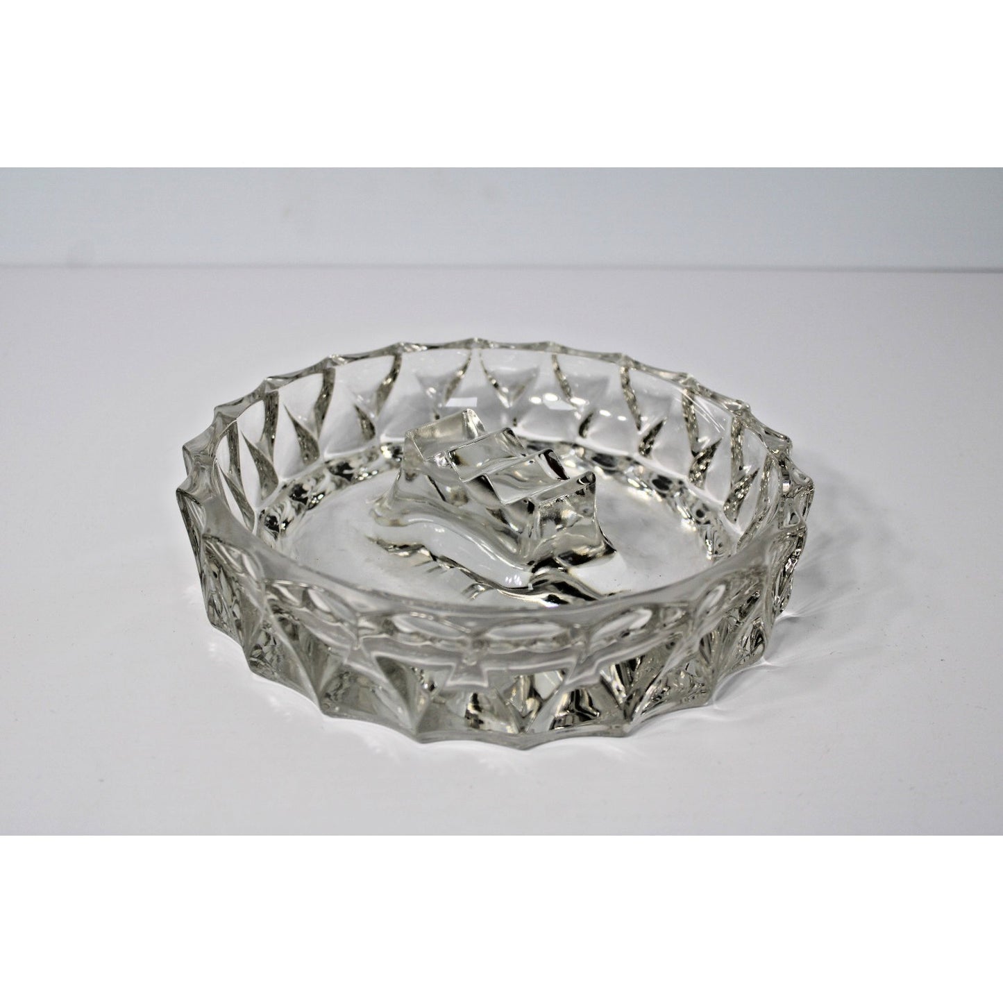 MCM Heavy Round Clear Glass Ashtray w/ Center Cigar/ Pipe/ Cigarette Holder