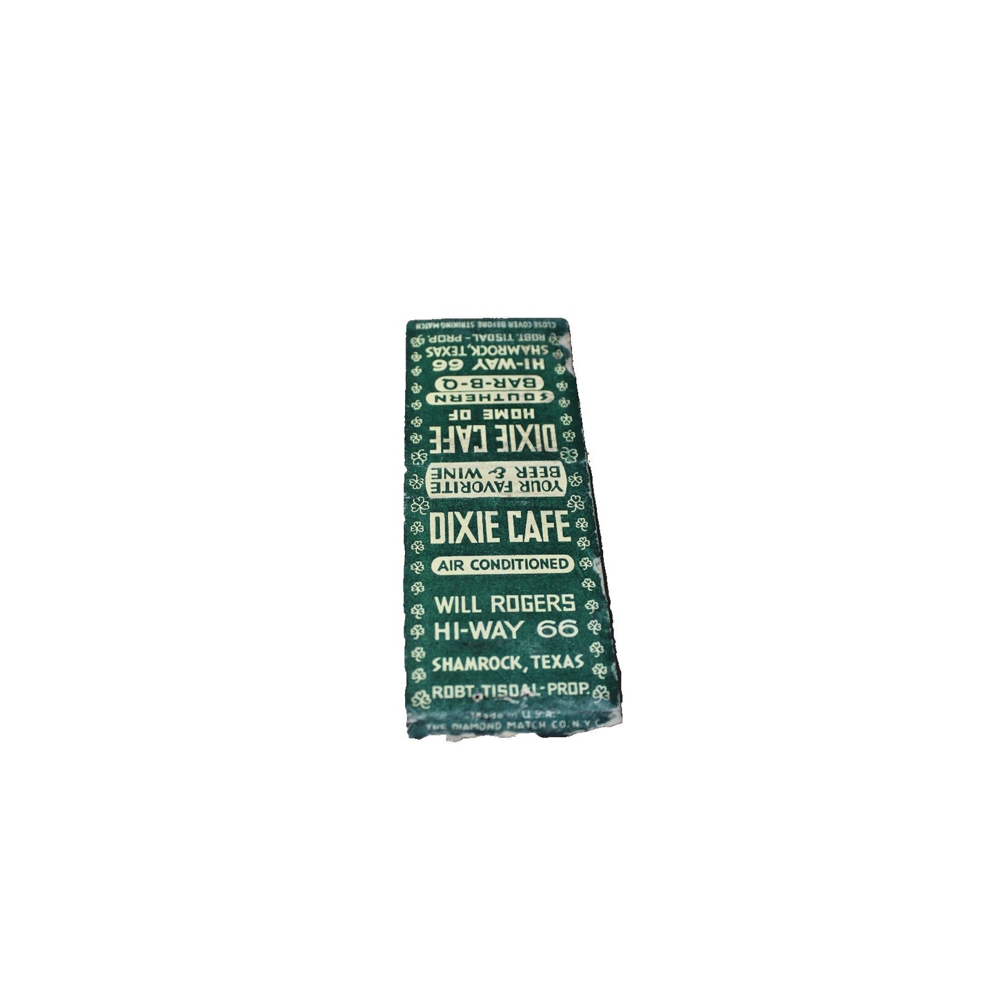 Vintage Mid Century Matchbook Cover Dixie Cafe, Shamrock, Texas, Will Rogers Hwy