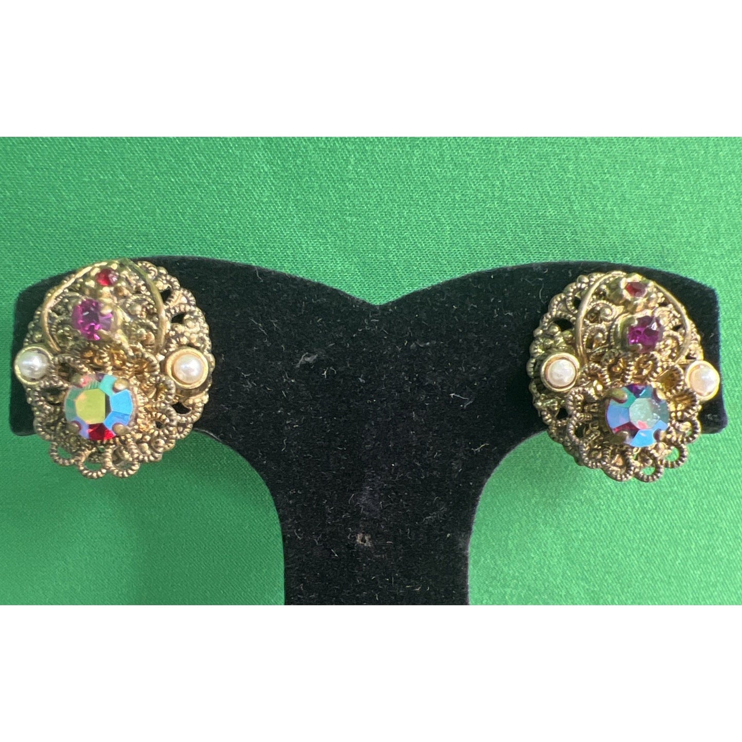 Antique Filigree West Germany Brass ClipOn Earrings w/ Faux Pearls & Rhinestones