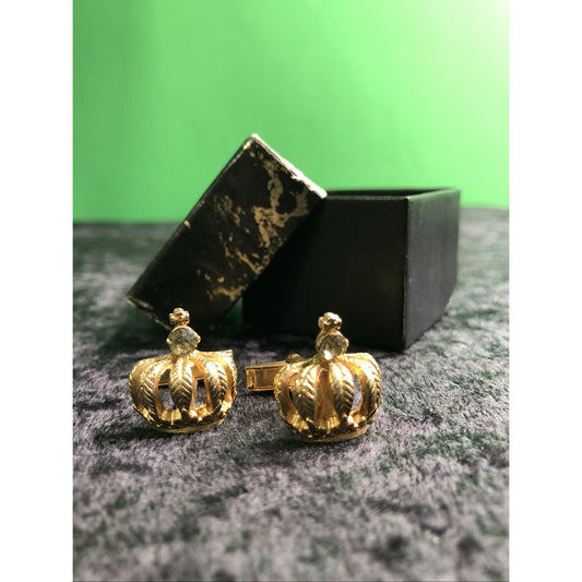 Vintage Mens Gold Tone Royal Crown Rhinestone Cufflinks Cuff Links Gift Box