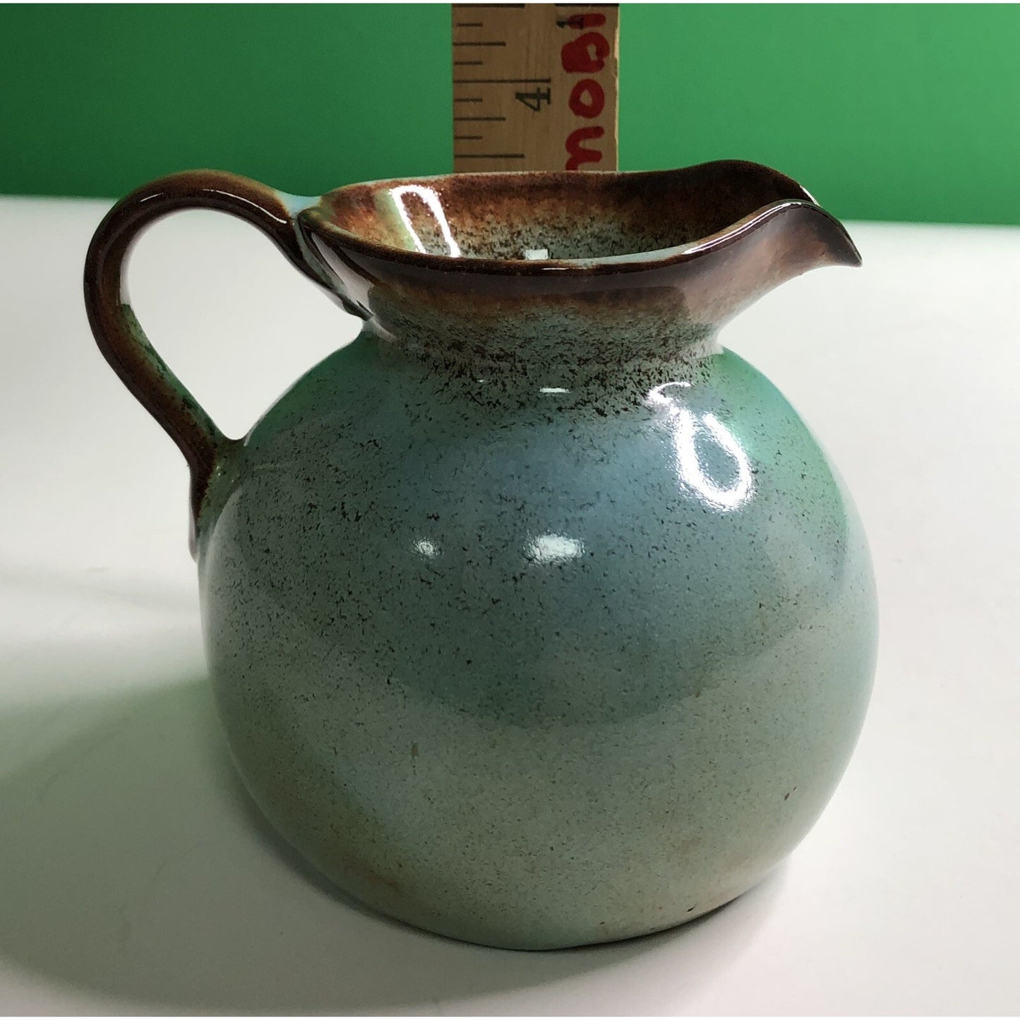 MCM Mid Century Modern NICODEMUS POTTERY CREAMER Pitcher Turquoise Brown Glaze