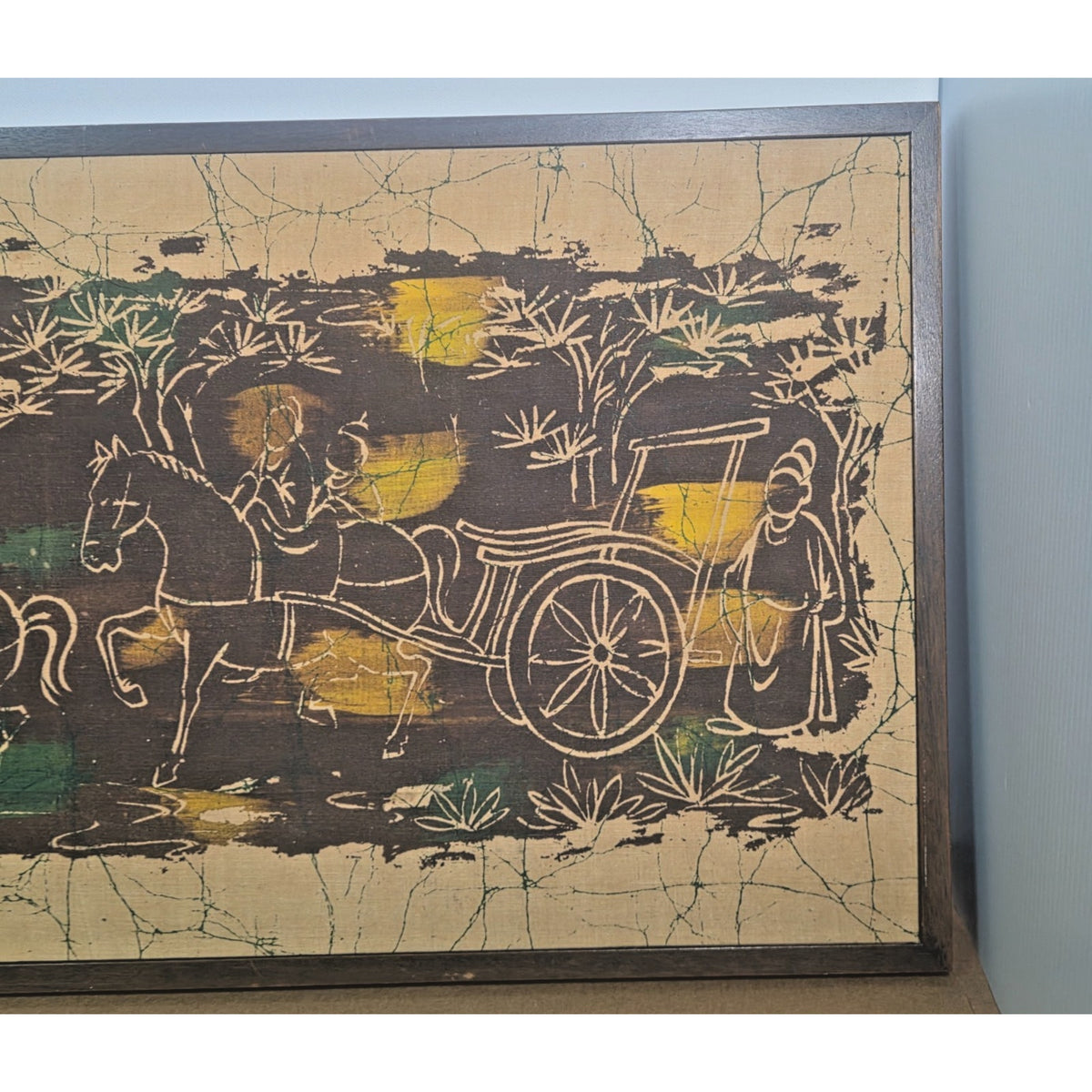 Vintage MCM Framed Batik Art "The Inspection Tour" Asian Horse Chariot 31"