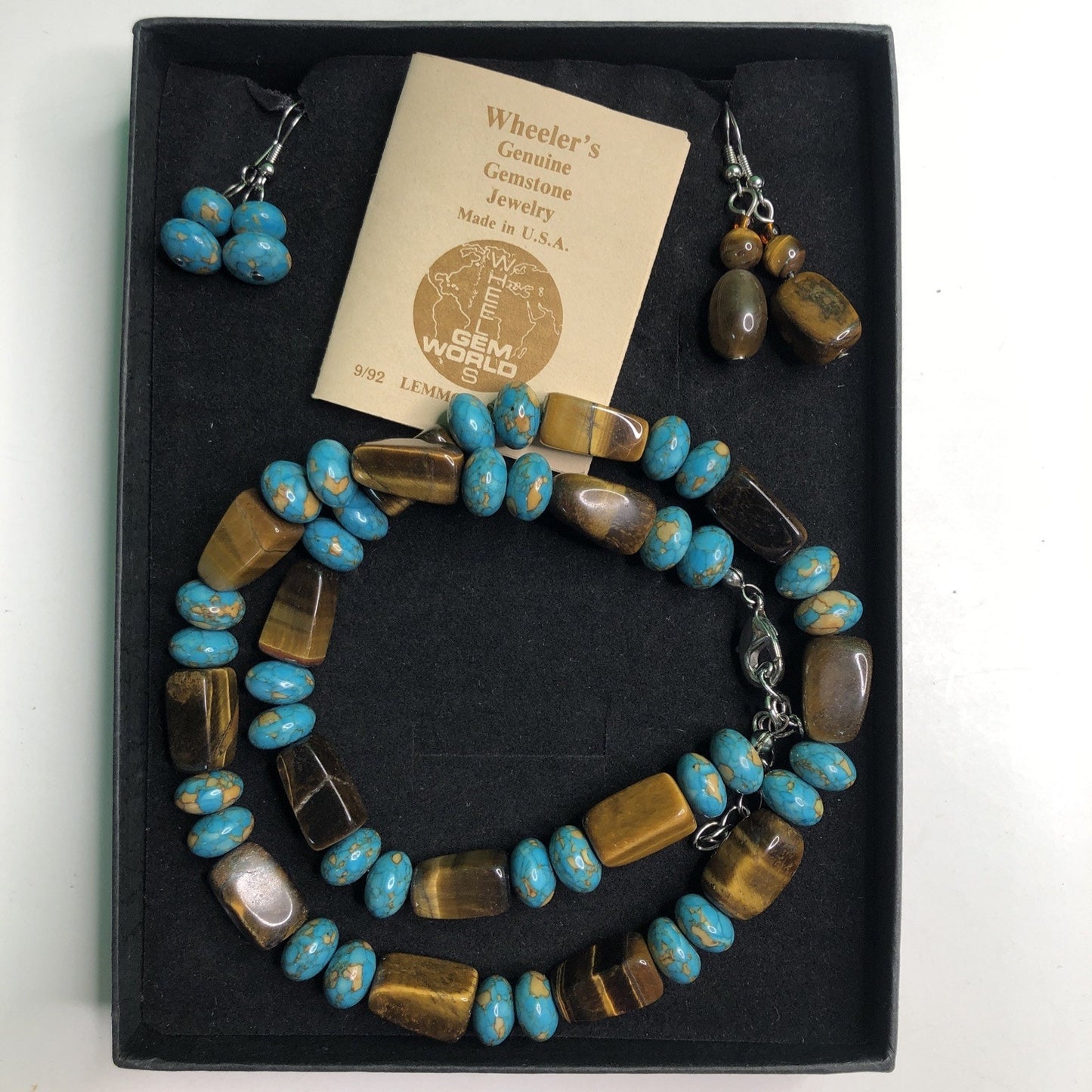 Turquoise & Tigereye Necklace + 2 Pair Earrings Wheeler’s Genuine Gemstone Jewel
