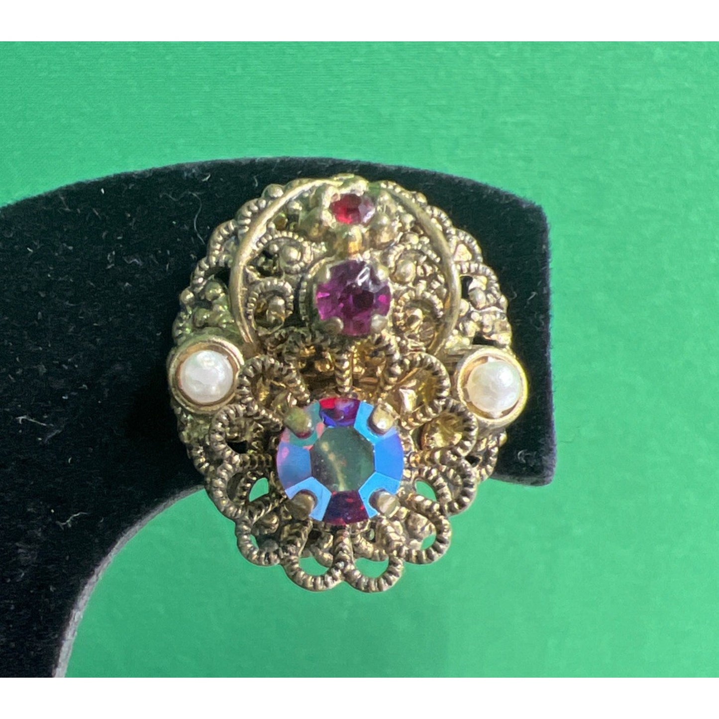 Antique Filigree West Germany Brass ClipOn Earrings w/ Faux Pearls & Rhinestones