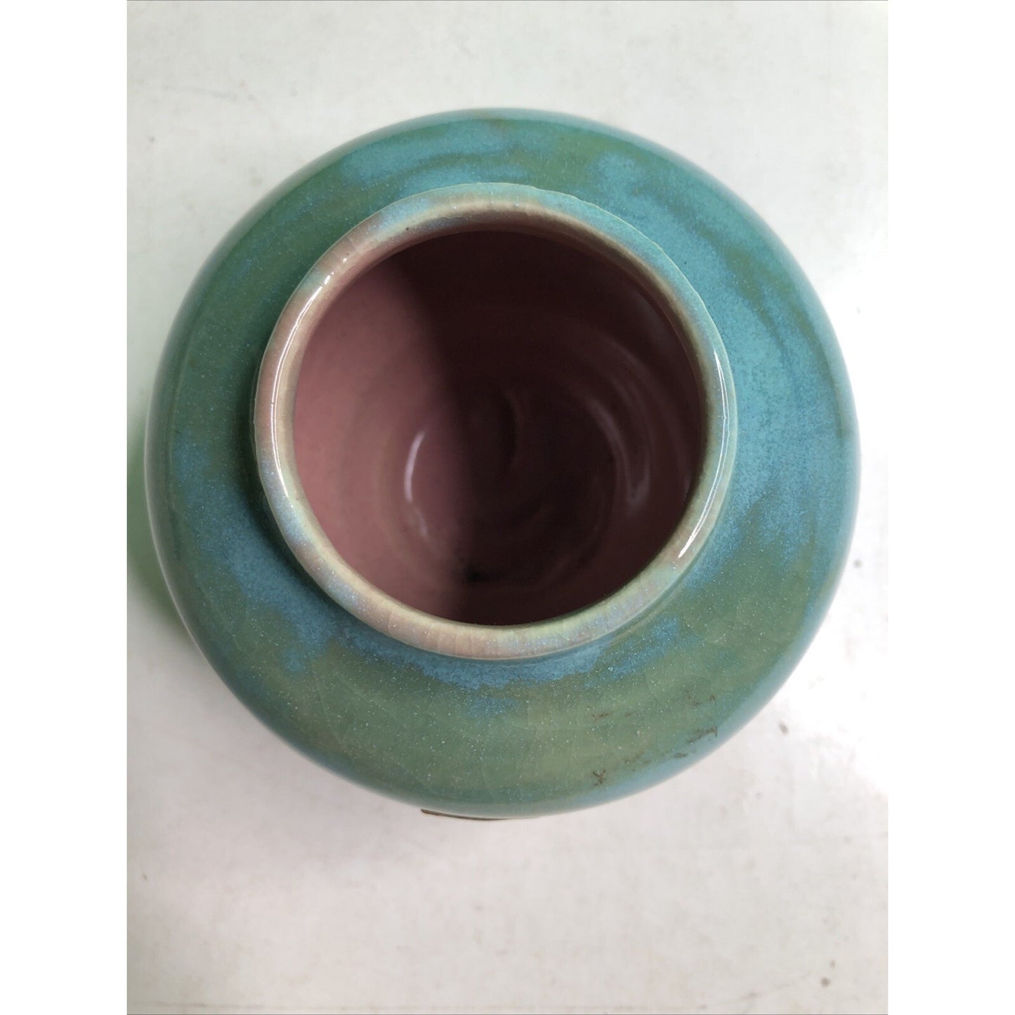 Vintage 1951 Stephen NC Pottery Cabinet Vase Blue Green Glaze Pink Interior