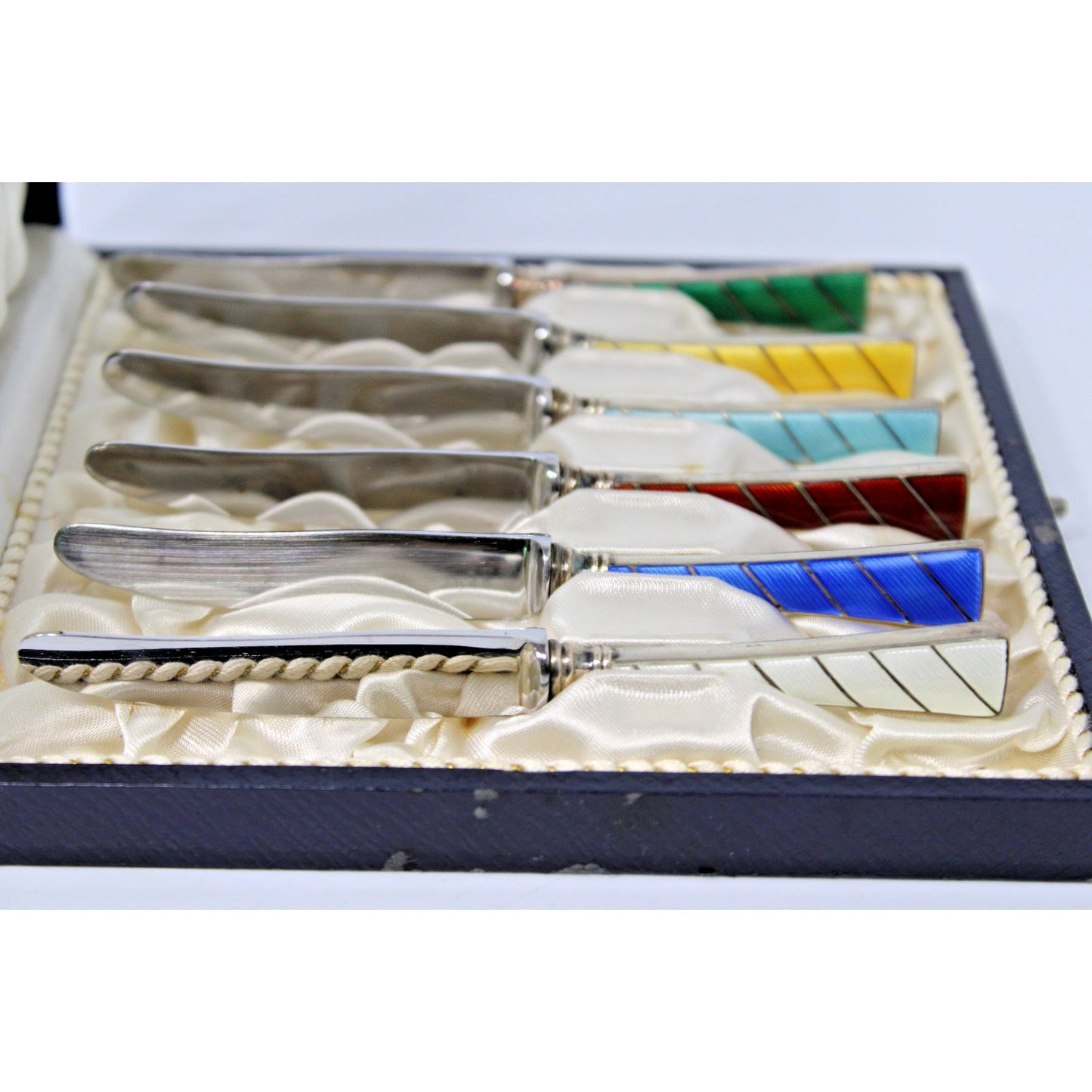 Sterling Silver Enamel Knives, Raadvad Denmark Boxed Set of 6 Art Deco Fruit Set