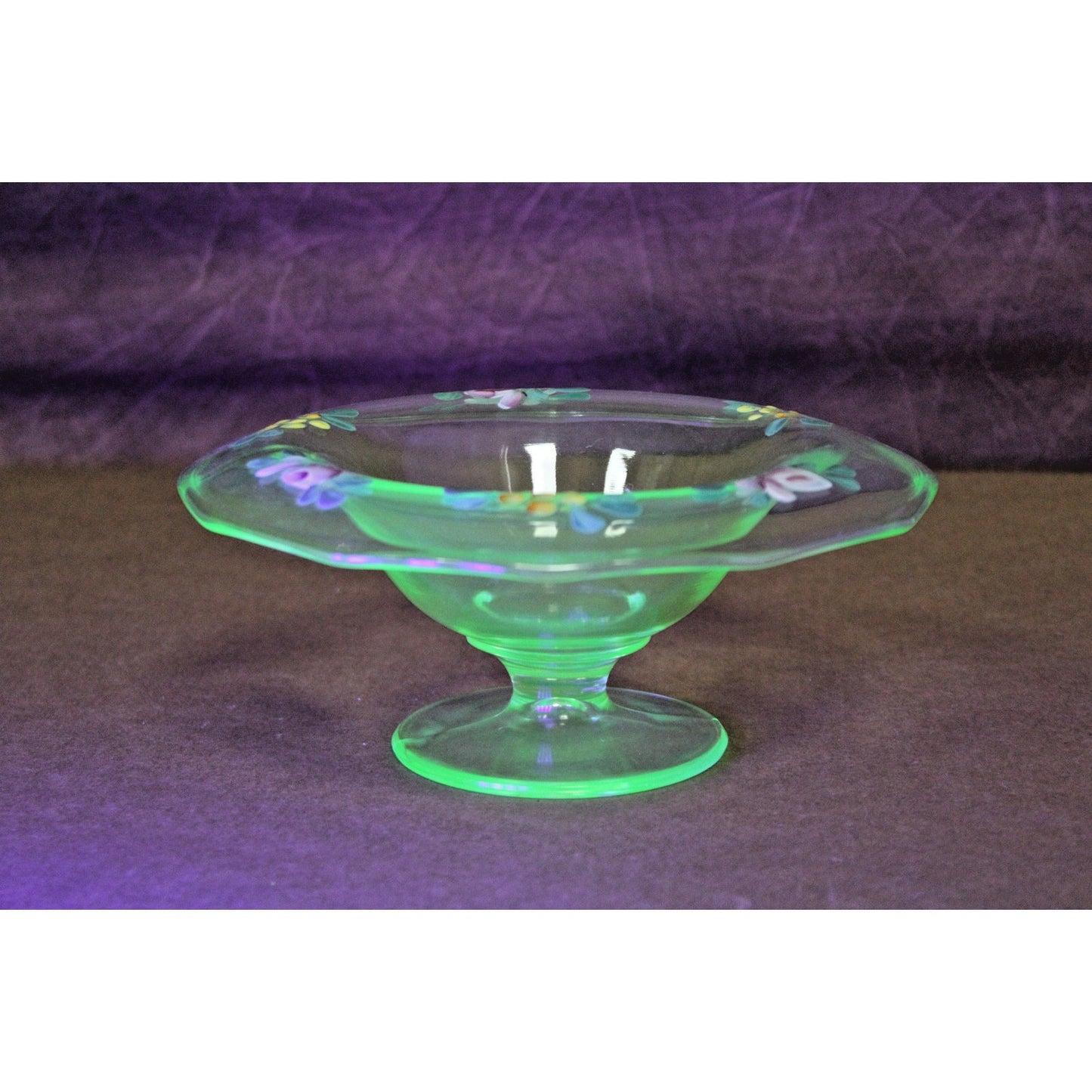 Vtg Bohemian Green Uranium Footed Compote Candy Dish Hand Painted Floral Design