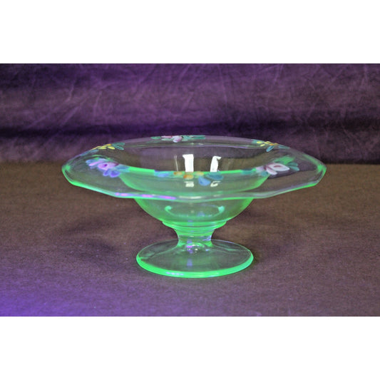 Vtg Bohemian Green Uranium Footed Compote Candy Dish Hand Painted Floral Design