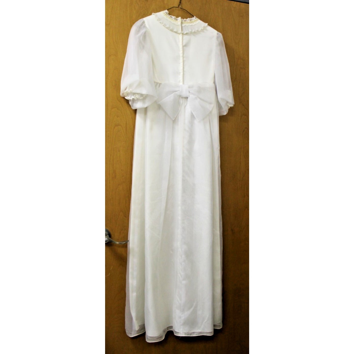 Vtg 70s Emma Domb White Organza Wedding Dress Sheer Balloon Sleeve Back Bow Sz 7