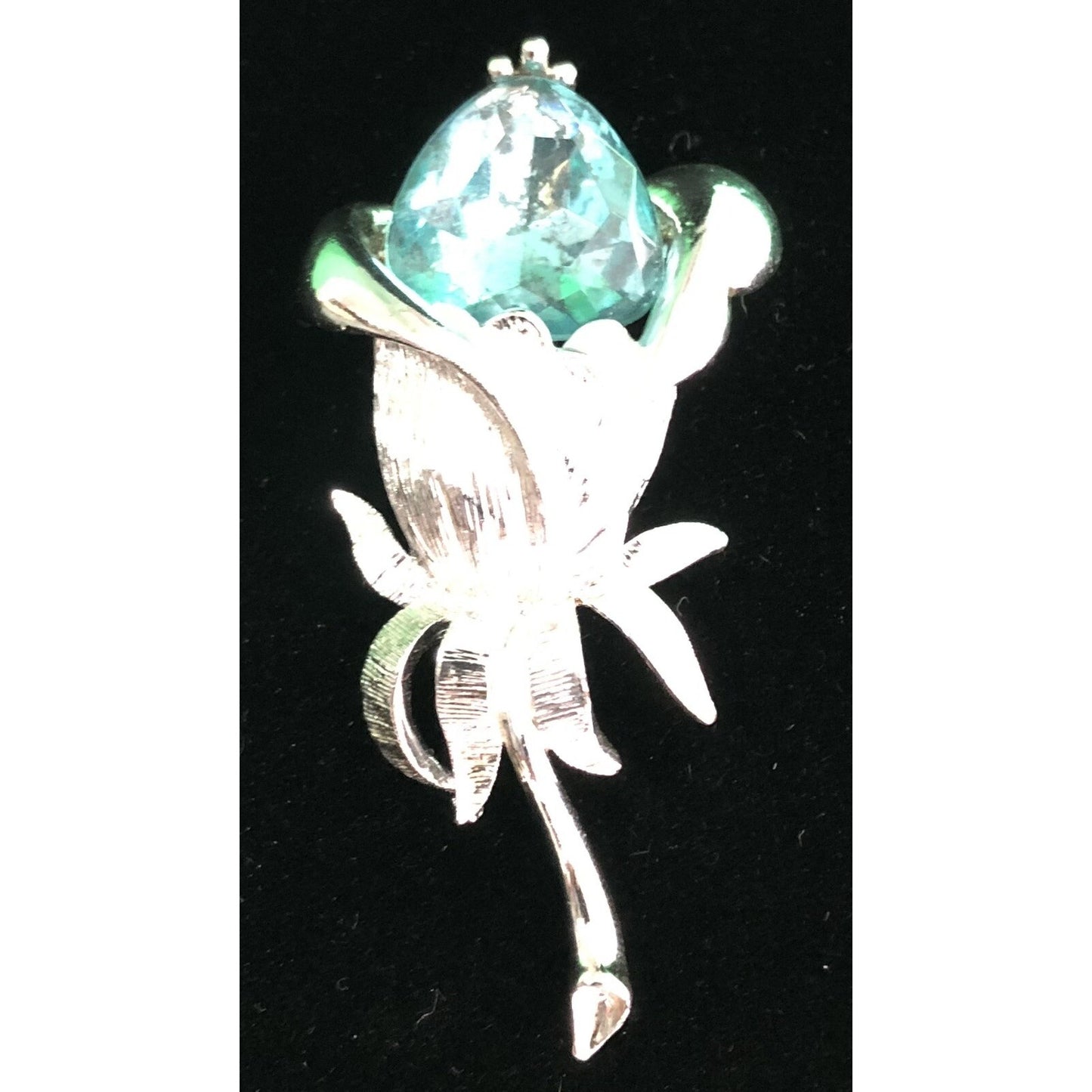 Vintage Emmons Floral w/ Blue Stone Silver Tone MCM Brooch Flower