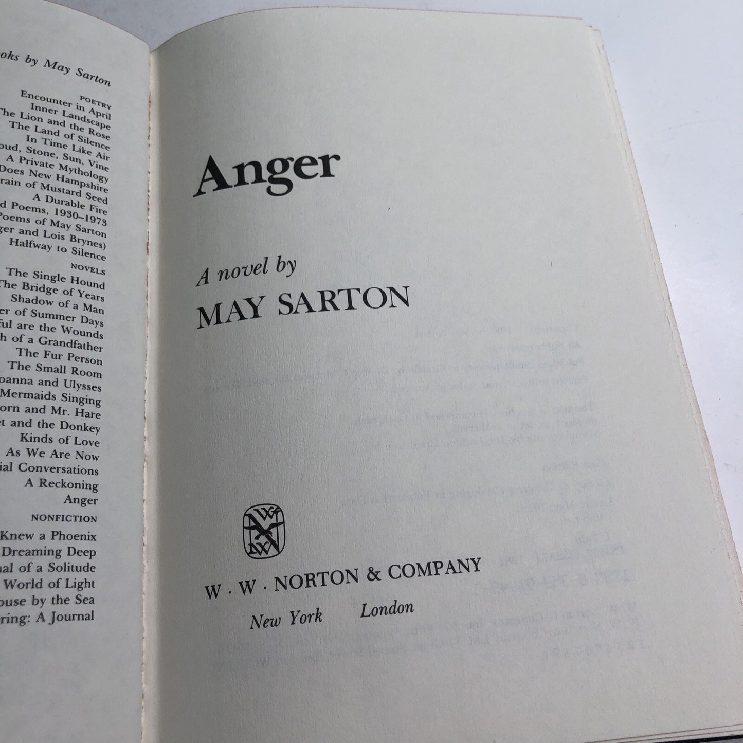 ANGER By May Sarton 1982 Novel Hardcover Dust Jacket