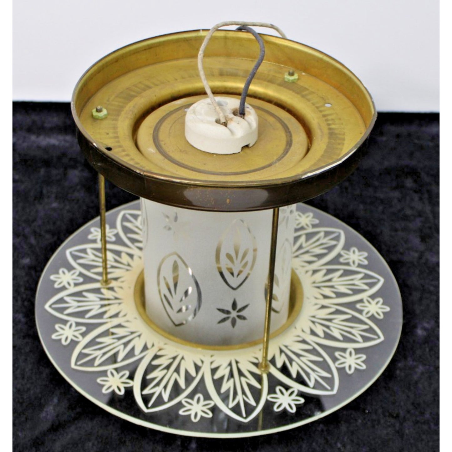 Vintage MCM John C. Virden Brass & Etched Glass Flush-Mount Wired Light Fixture