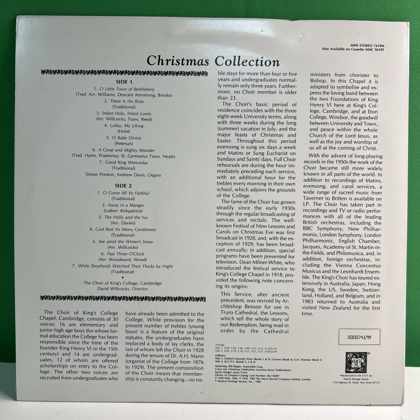 MHS 7419M Christmas Collection Choir King’s College Cambridge 1986 LP Record
