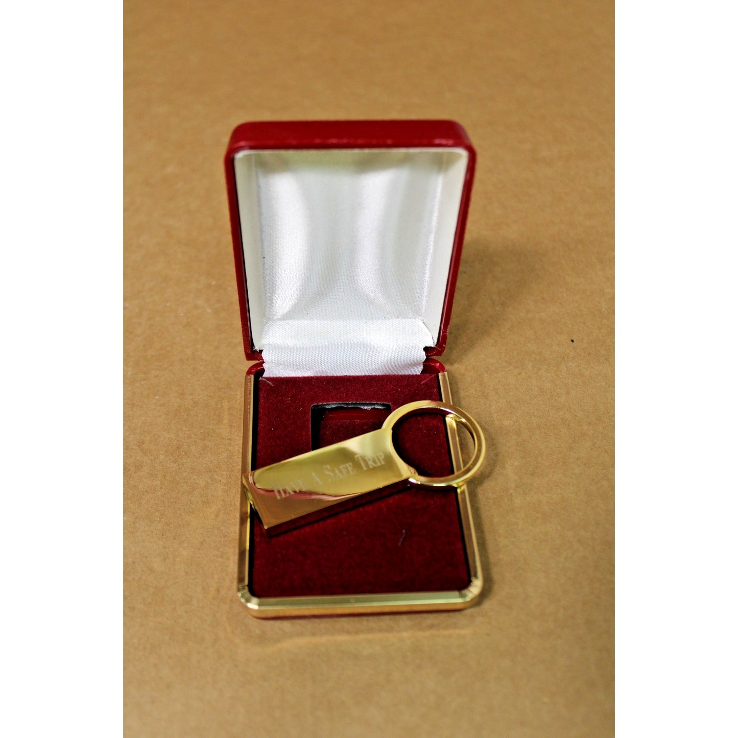 Engravable Gold Metal Keychain, Gift Boxed, "Have A Safe Trip" 1 Side, Heavy!