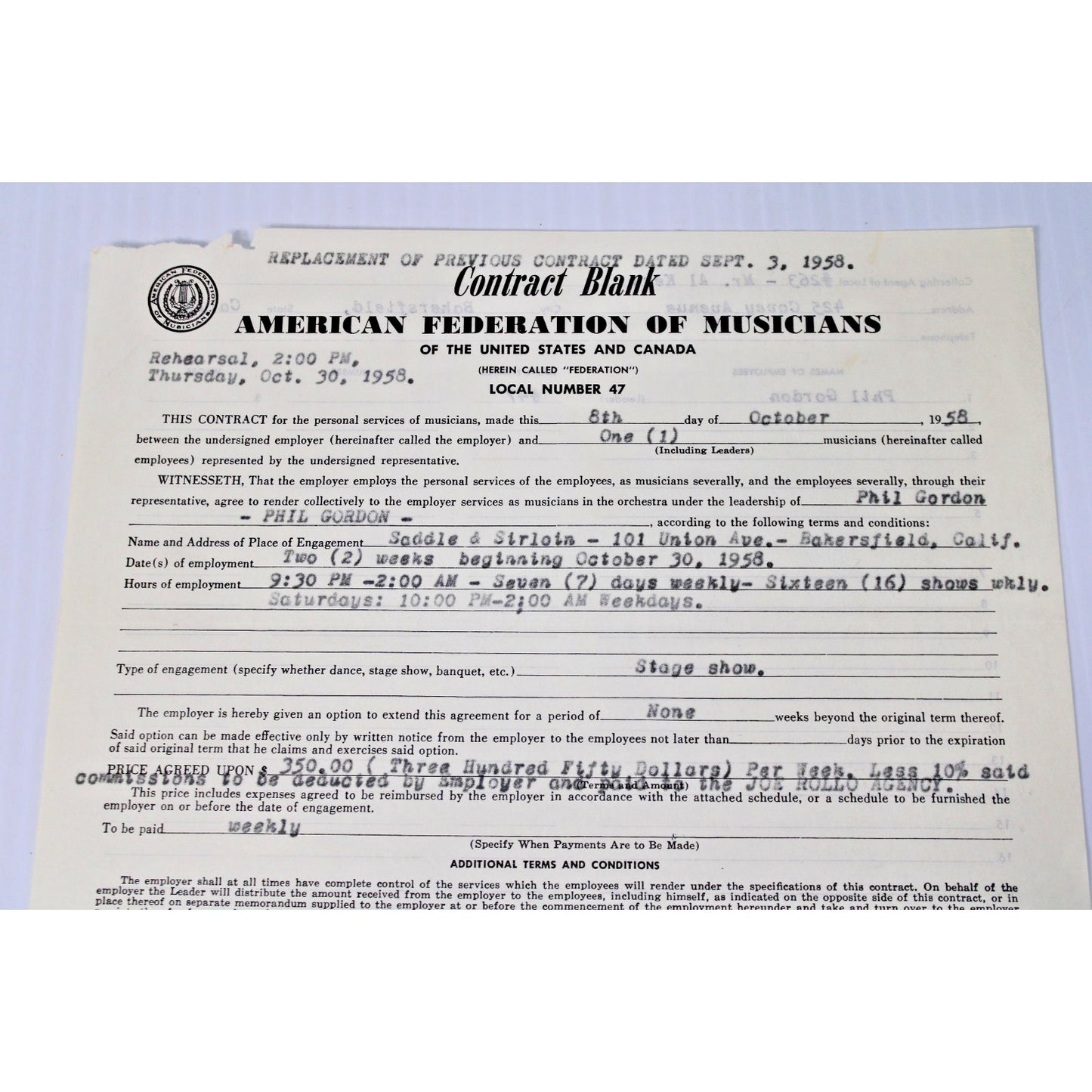 1958 Original Contract- Phil Gordon- American Federation of Musicians + Bonus
