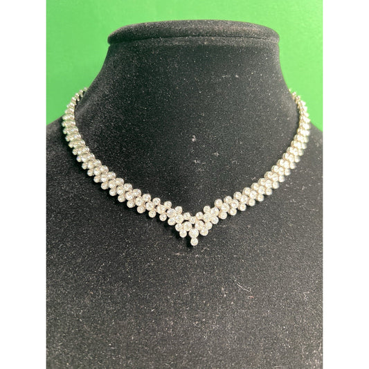 Bezel Set Rhinestone Collar Necklace Triple Layer V Drop 15” Long w/4” Extender