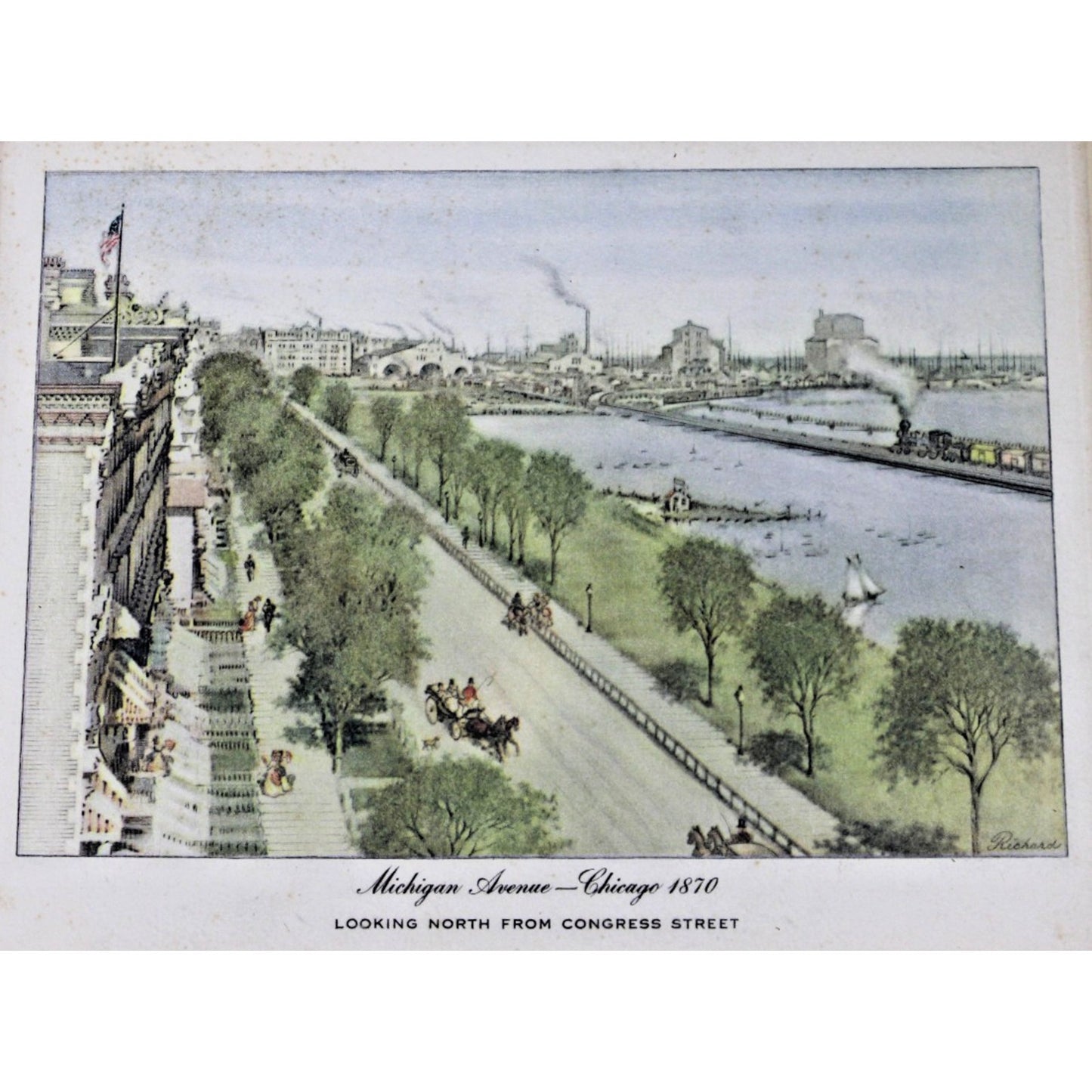 Michigan Ave- Chicago, 1870 Framed Hand-tinted Etching- Richards- Pre-Great Fire
