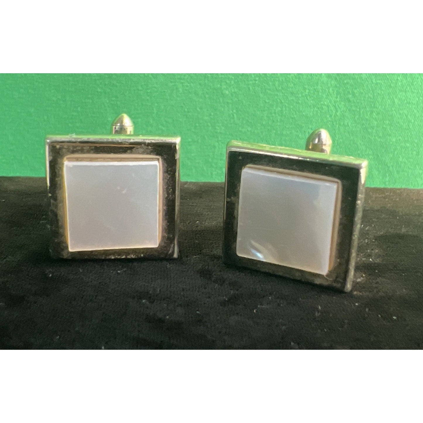 Vintage Mens Cufflinks Mother Of Pearl Gold Tone Rectangle Retro Framed
