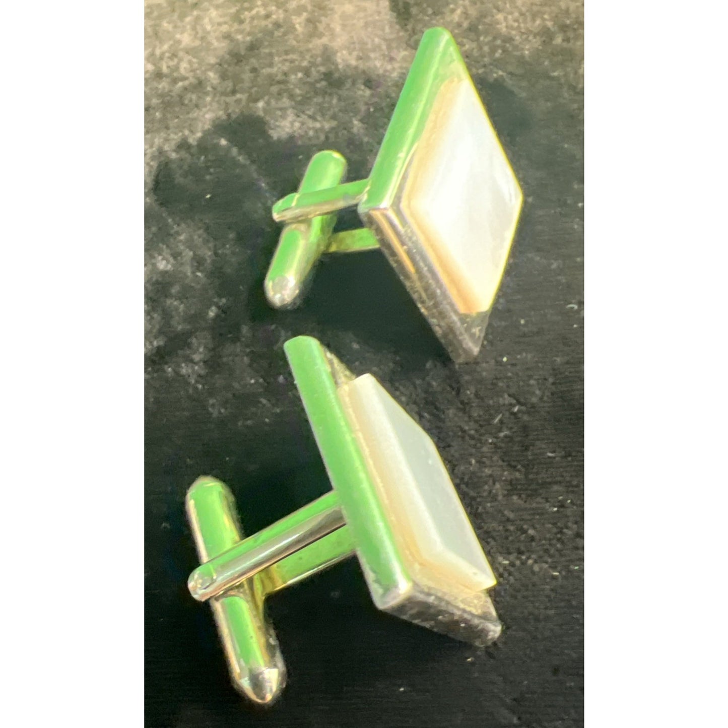 Vintage Mens Cufflinks Mother Of Pearl Gold Tone Rectangle Retro Framed