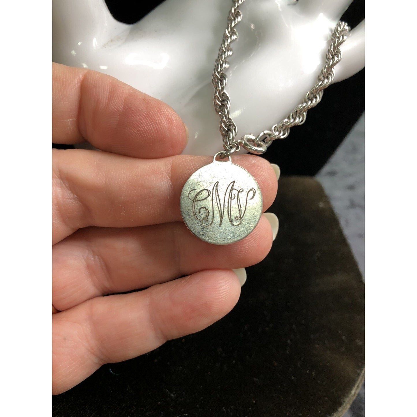 Vintage Sterling Rope Chain Bracelet 7 Inch With Monogrammed Stainless Disc CMV