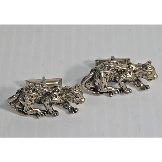 Vintage Signed SWANK Goldtone Leopard Cufflinks 1.5"W High-Relief Artisan Design