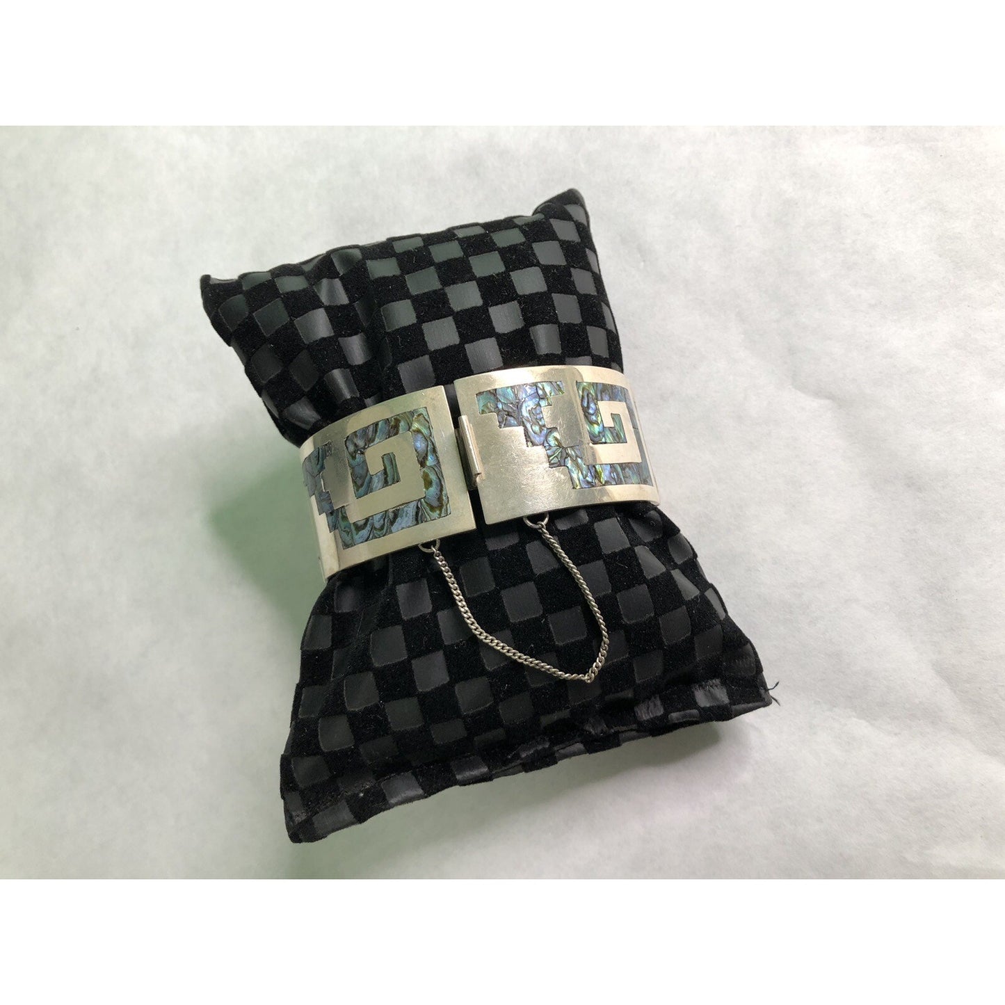 Vintage Mexico Sterling Silver Abalone Inlay Greek Key Panel Link Bracelet H.J.R
