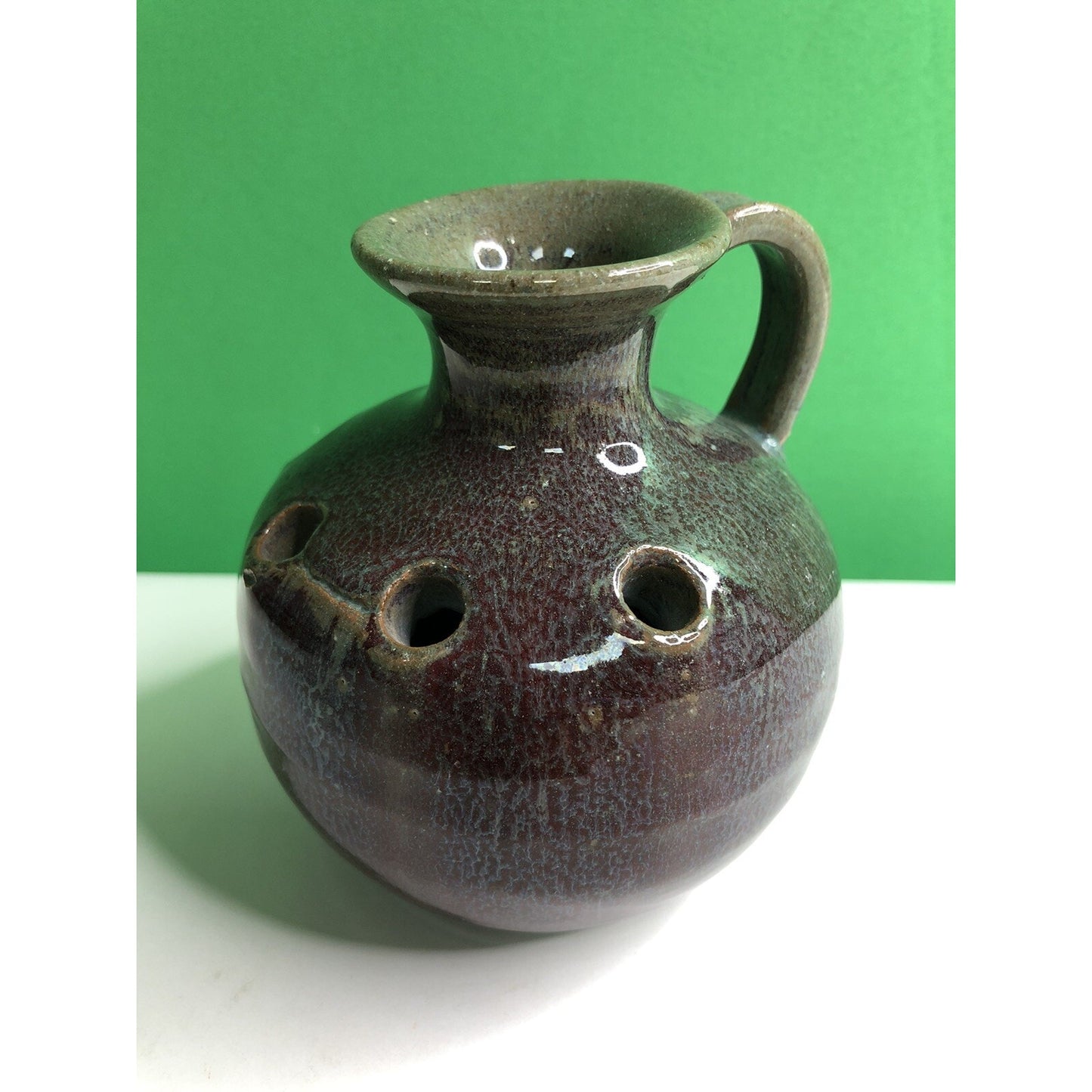 Vintage HAND MADE Studio Art Pottery FLOWER FROG JUG Vase Glazed Holes 4.5” High