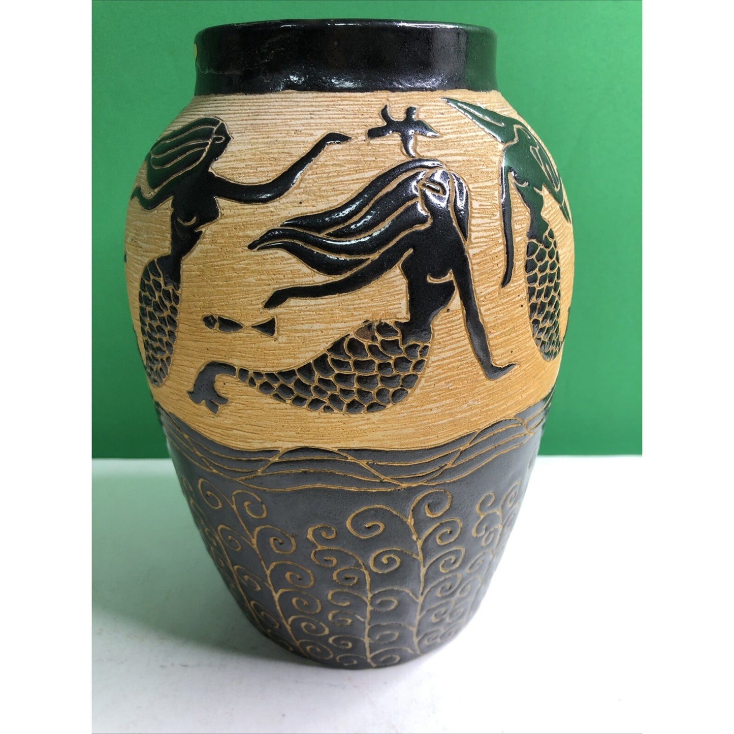 Beautiful MERMAID Vase Sgrafitto Studio Art Pottery Rich Brown Cream Orange