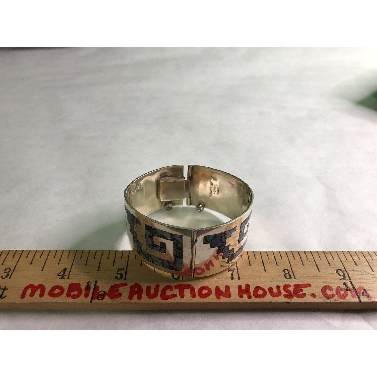 Vintage Mexico Sterling Silver Abalone Inlay Greek Key Panel Link Bracelet H.J.R