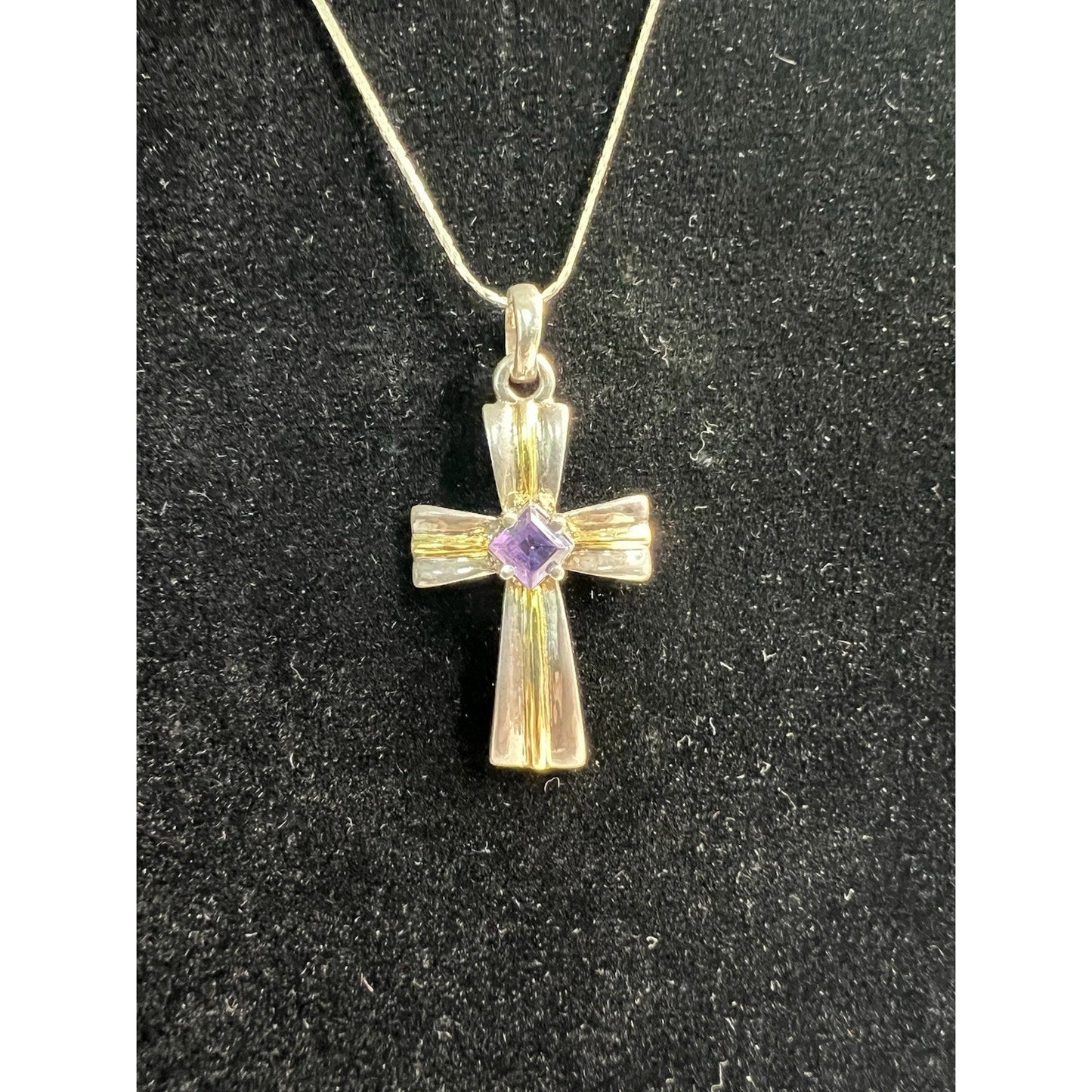 24” Sterling Silver 925 Chain And Cross Pendant Amethyst Purple Stone Necklace
