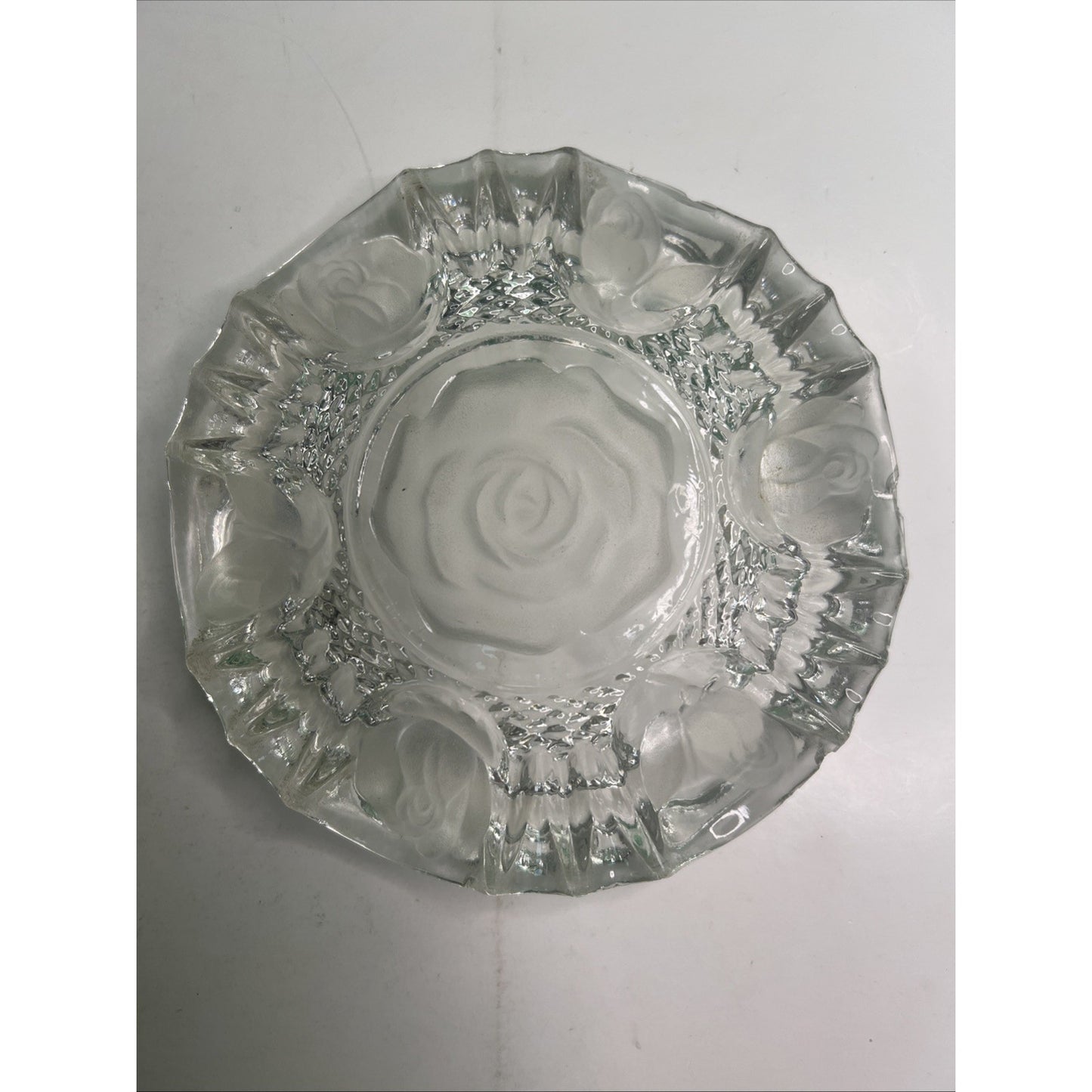 Vintage 1950s 8" Clear Rose Flower Impression Ashtray Pressed Heavy Glass Edges
