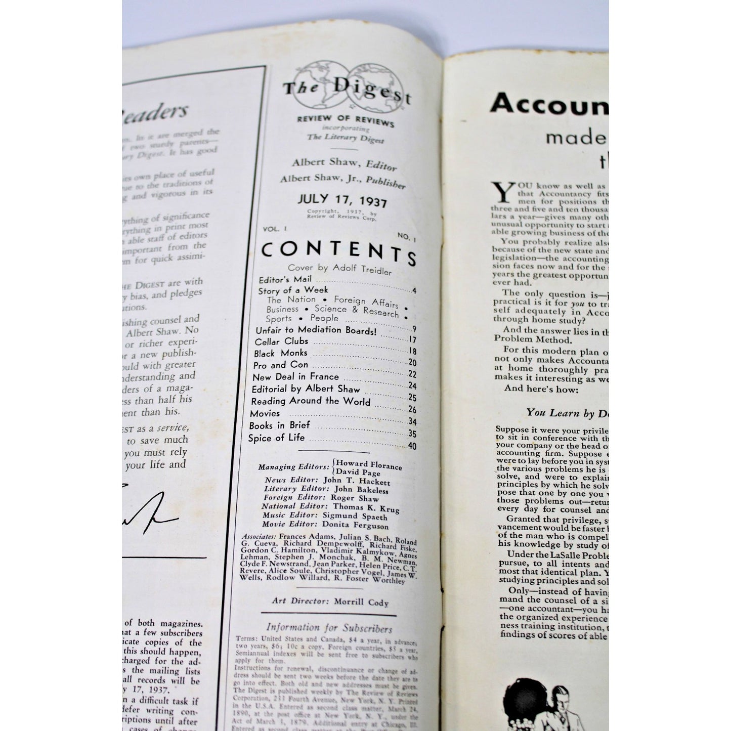 1937 July 17 Literary Digest Magazine-Review Of Reviews, Premier Combined Issue