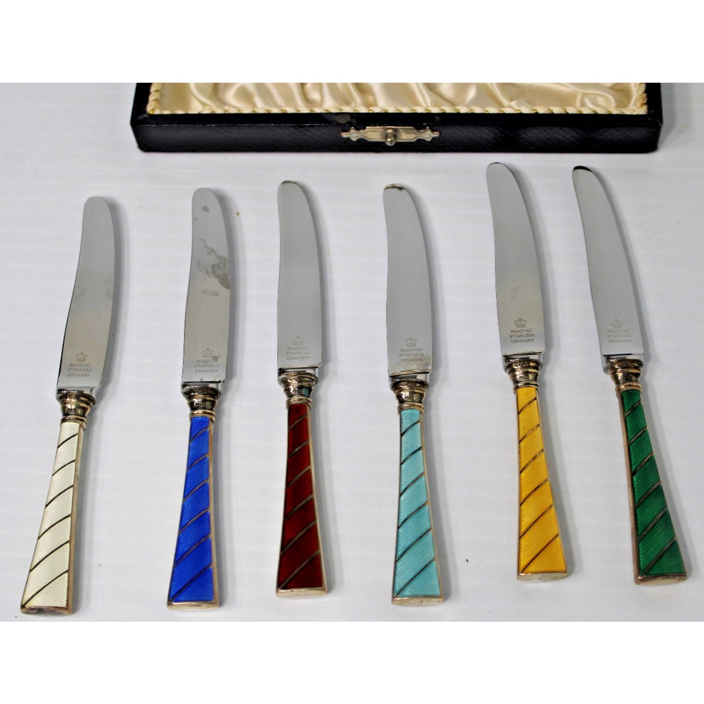 Sterling Silver Enamel Knives, Raadvad Denmark Boxed Set of 6 Art Deco Fruit Set