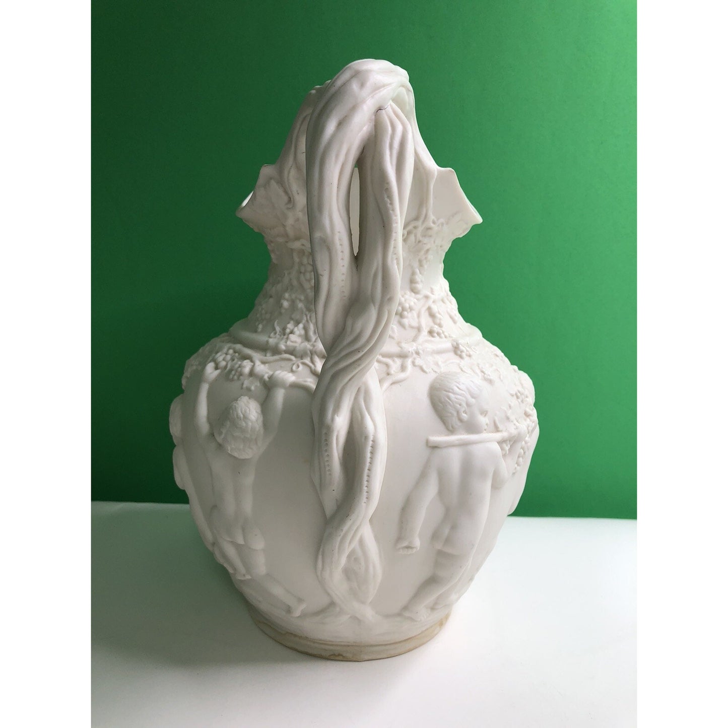 Antique Copeland Parian Ware Pitcher Jug Putti Relief Motif With Grapes Cherubs
