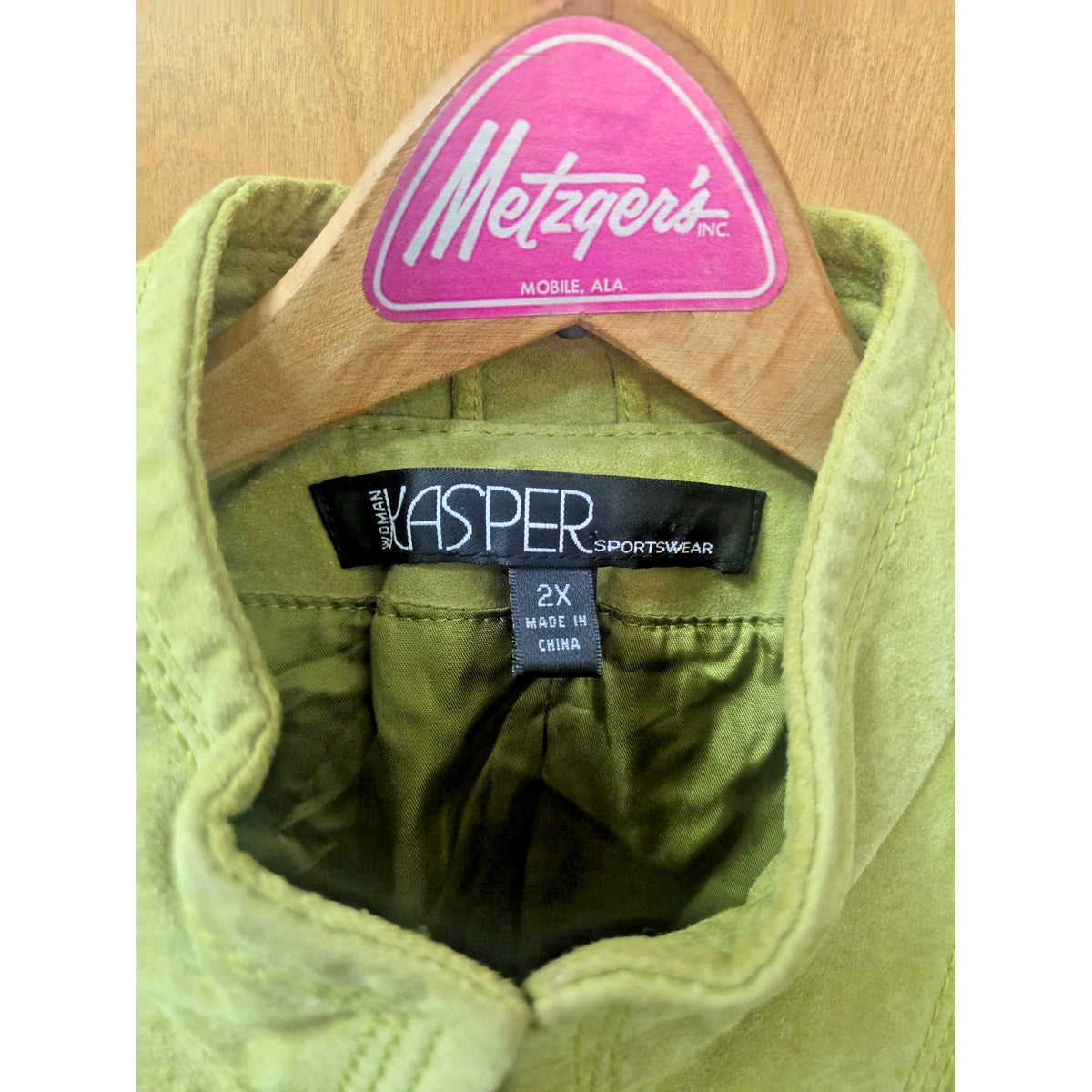 Vintage Kasper 2X Chartreuse Lime Green Suede Peplum Jacket Smocked Leather