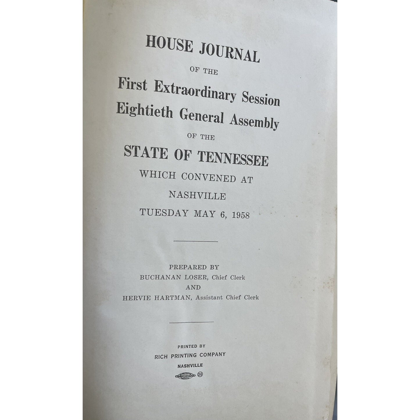 House Journal Of First Extraordinary Session Eightieth General Assembly Of Tenn