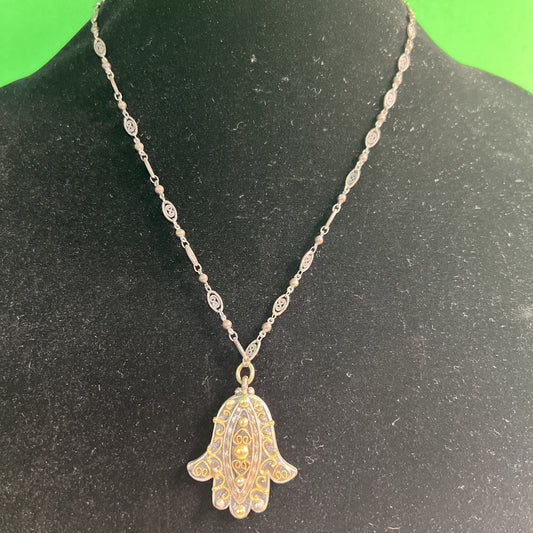 Michal Golan Hamsa Necklace Pendant Charm Handcrafted Brass 18” With 4” Extender