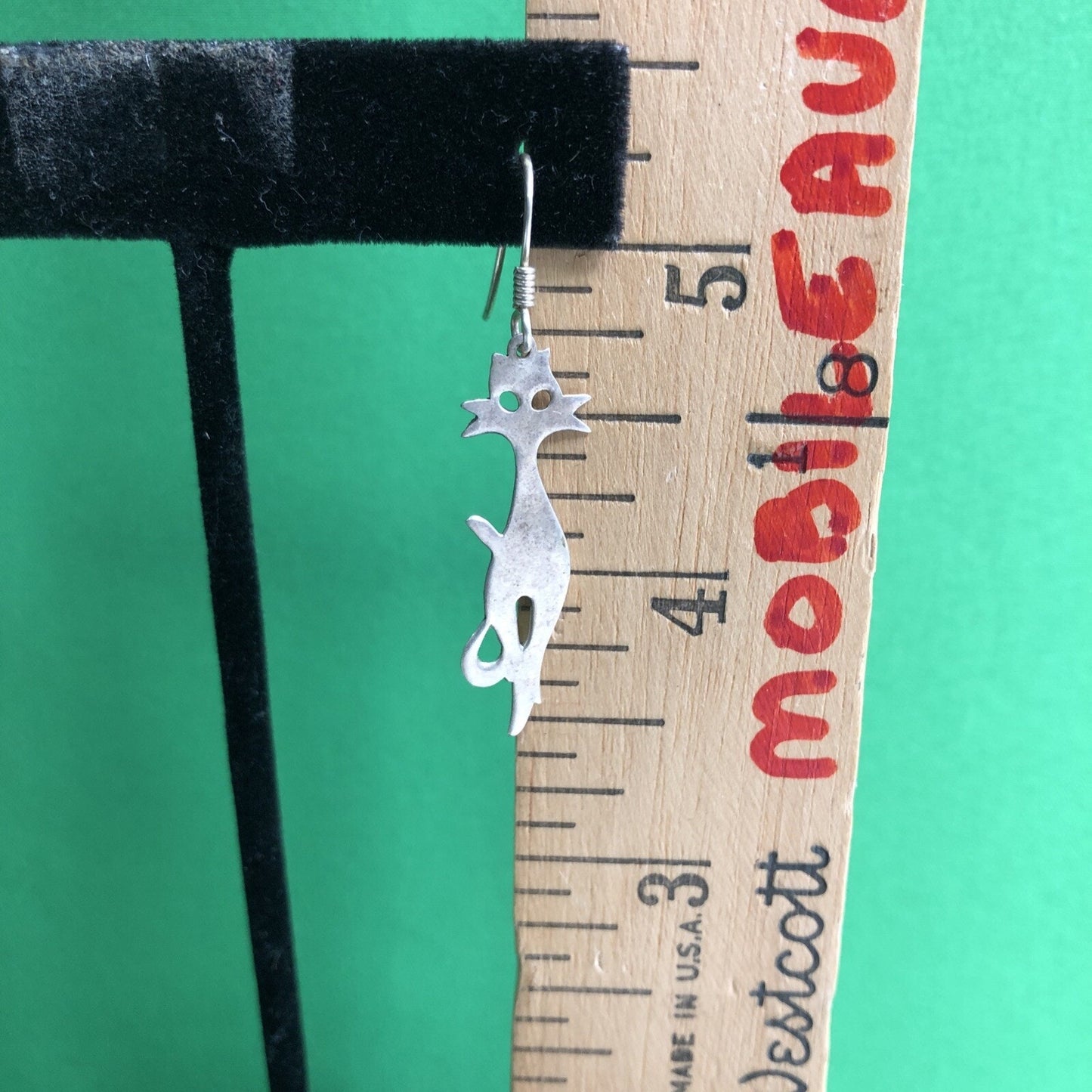 Vtg Mexican .925 Silver MCM Mod CAT Kitty Earrings Stamped Pierced Hook Wire