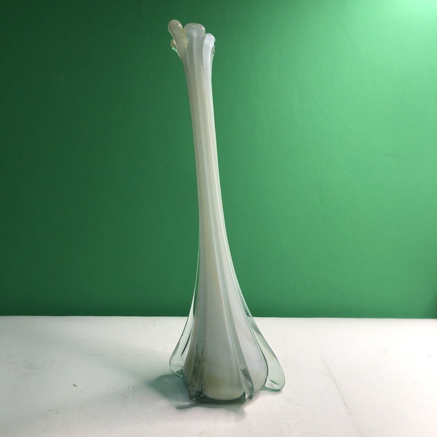 Vintage MCM Swung Glass Vase White Cream Clear 17.75” Tall Mid Century